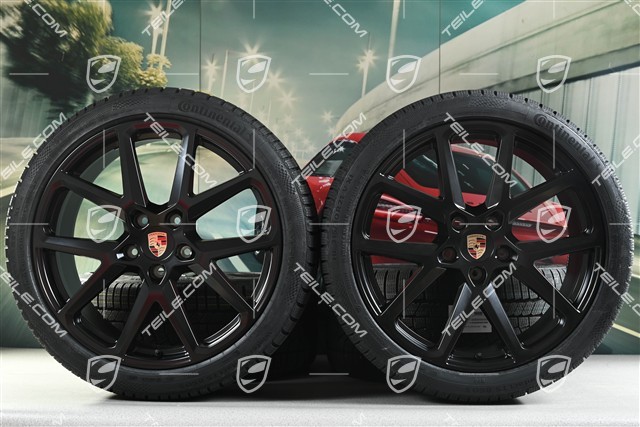 21" Panamera SportDesign Winterräder Satz, Felgen 9,5J x 21 ET71 + 10,5J x 21 ET71 + NEUE Continental Winterreifen 275/35 R21 + 315/30 R21, Schwarz Seidenmatt