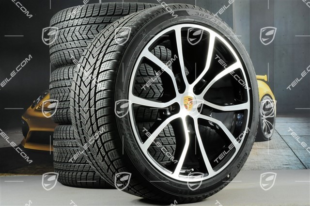 21" Cayenne Exclusive Design Winterräder Satz, Felgen 9,5J x 21 ET46 + NEUE 11,0J x 21 ET58 + Pirelli Winterreifen 275/40 R21 + 305/35 R21, mit RDK-Sensoren, Tiefschwarz Metallic