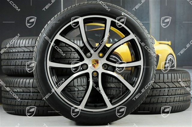 21" koła letnie Cayenne COUPE Exclusive Design, komplet, felgi 9,5J x 21 ET46 + 11,0J x 21 ET49 + opony letnie Pirelli 285/40 R21 + 315/35 R21, czarny wysoki połysk, z czujnikami ciśnienia