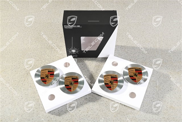 Radzierdeckel, konkav, Rotations-Schliff / glanzgedreht, Porsche Wappen t, 4er-Set