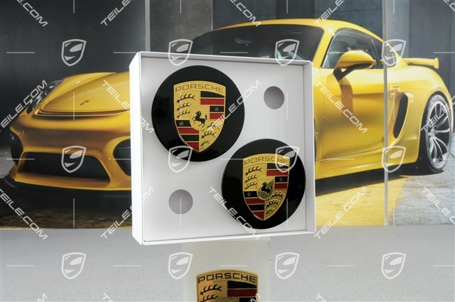Radzierdeckel Satz (4 Stück), schwarz, Hochglanz, mit farbigem Porschewappen