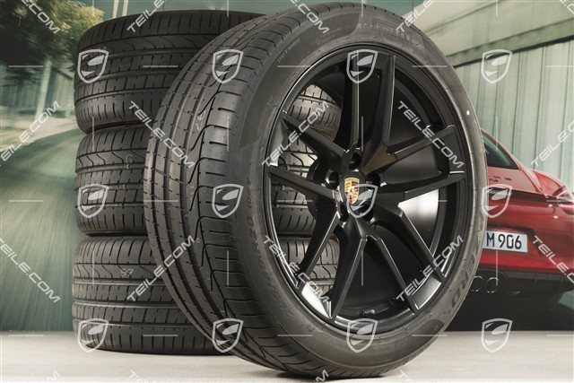 20-inch "Macan S" summer wheels set, rims 9J x 20 ET26 + 10J x 20 ET19 + NEW Pirelli summer tyres 265/45 R20 + 295/40 R20, Black satin mat, with TPMS