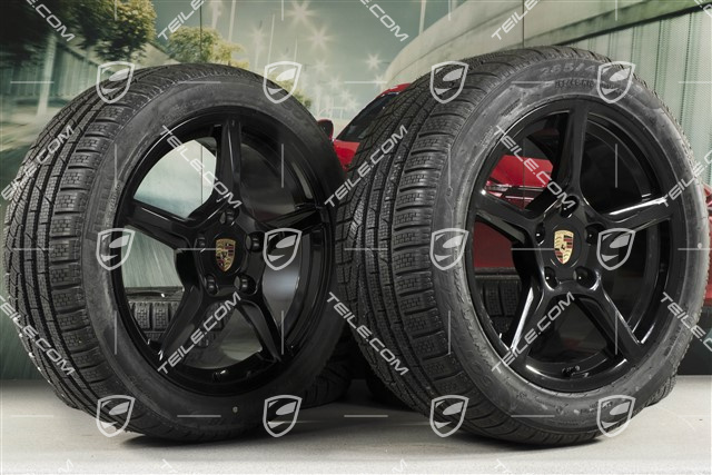 18" Boxster winter wheels set, rims 8J x 18 ET57 + 9,5J x 18 ET49 + NEW Pirelli Sottozero II winter tires 235/45 R18 + 265/45 R18, black high gloss