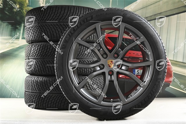21" Cayenne Exclusive Design Winterräder Satz, Felgen 9,5J x 21 ET46 + 11,0J x 21 ET49 + NEUE Michelin Pilot Alpin 5 SUV Winterreifen 285/45 R21 + 305/40 R21, mit RDK-Sensoren, Vesuvgrau