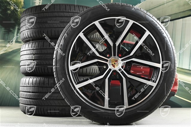 21-inch Cayenne Coupe Aero Design summer wheel set, rims 9,5J x 21 ET46 + 11,0J x 21 ET49 + Pirelli P Zero summer tyres 285/45 R21 + 315/40 R21, with TPMS about 30km, DOT/prod.year 2025