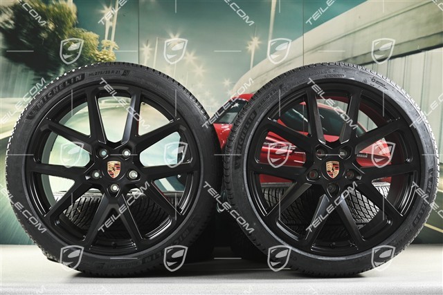 21" Panamera SportDesign Winterräder Satz, Felgen 9,5J x 21 ET71 + 10,5J x 21 ET71 + NEUE Michelin Pilot Alpin 5 Winterreifen 275/35 R21 + 315/30 R21, Schwarz Seidenmatt