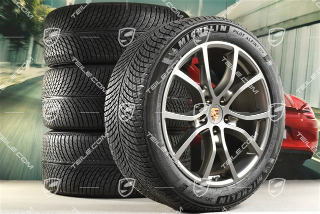 21-inch Cayenne COUPE Exclusive Design winter wheel set, rims 9,5J x 21 ET46 + 11,0J x 21 ET49 + NEW Michelin Pilot Alpin 5 SUV winter tyres 285/45 R21 + 305/40 R21, with TPMS, Platinum satin-mat
