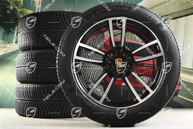 20" koła zimowe Cayenne Sport, komplet, felgi 9J x 20 ET50 + 10,5J x 20 ET55 + opony zimowe Michelin 255/55 R20 + 295/45 R20, z czujnikami ciśnienia, czarny wysoki połysk
