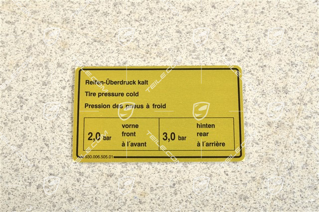 Identification / notice sticker for tire pressure, Turbo
