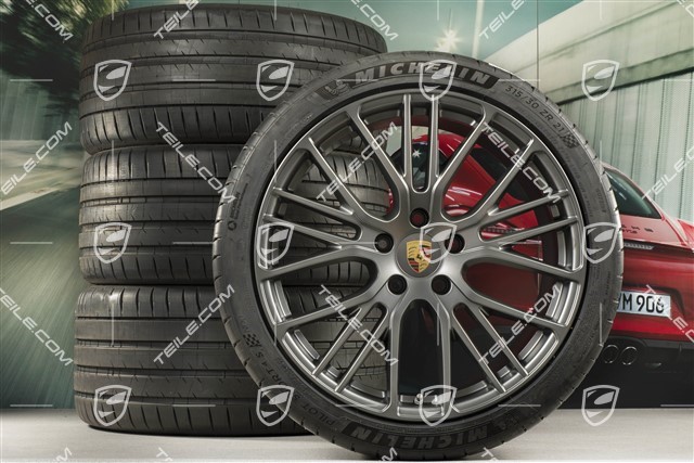 21-inch Panamera Exclusive Design Sport summer wheel set, wheel rims 9,5J x 21 ET71 + 11,5J x 21 ET69 + NEW Michelin summer tyres 275/35 R21 + 315/30 R21, with TPMS, Platinum satin matt