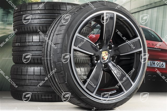 20" Carrera Sport Sommerräder Satz, Felgen 8,5J x 20 ET57 + 10,5J x 20 ET47 + NEUE Sommerreifen 235/35 ZR20 + 265/35 ZR20, mit RDK-Sensoren, schwarz hochglanz
