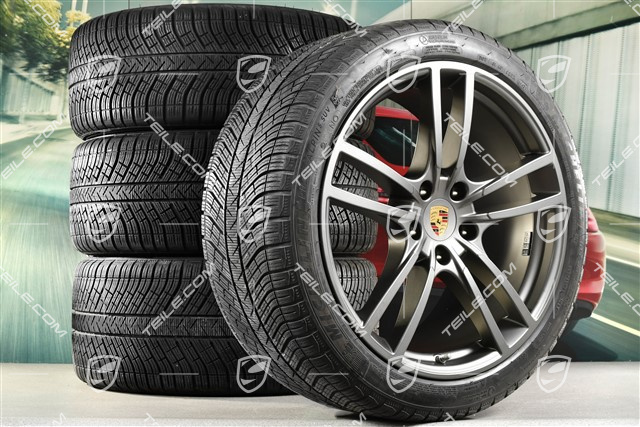 21" koła zimowe Cayenne Turbo, komplet, felgi 9,5J x 21 ET46 + 11,0J x 21 ET58 + Michelin winter tyres 275/40 R21 + 305/35 R21, with TPMS, Platinum satin matt