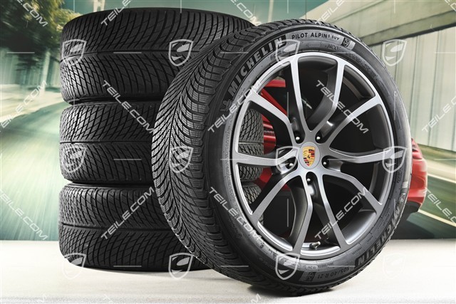 21" koła zimowe Cayenne Exclusive Design, komplet, felgi 9,5J x 21 ET46 + 11,0J x 21 ET49 + opony zimowe Michelin Pilot Alpin 5 SUV 285/45 R21 + 305/40 R21, z czujnikami ciśnienia, Vesuvius Grey