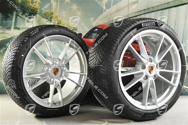 19"+20" Carrera winter wheel set, wheel rims 8,5J x 19 ET52 + 11J x 20 ET80 + NEW Pirelli winter tyres 235/40 R19 + 295/35 R20, with TPMS, Brilliant Silver