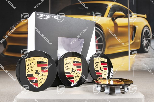 Radzierdeckel Satz, konkav, Wappen farbig, für 20-/21-Zoll Exclusive Design und Carrera S Felgen, schwarz hochglanz