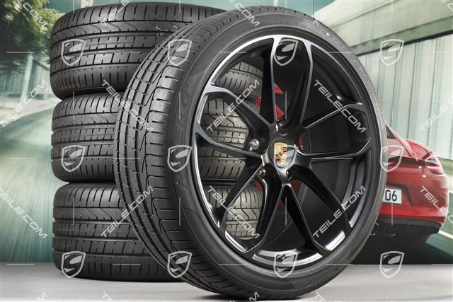 22-inch Cayenne Coupé GT summer wheel set, rims 10J x 22 ET48 + 11,5J x 22 ET52 + Pirelli P Zero summer tyres 285/35 R22 + 315/30 R22, with TPMS, black satin matt