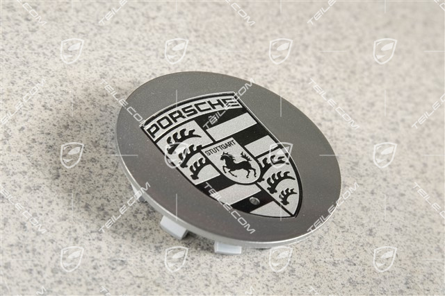 Radzierdeckel, konkav, Porsche Wappen schwarz, titan-metallic