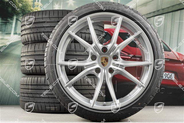 20" Carrera S summer wheels set, rims 8J x 20 ET57 + 10J x 20 ET45 + NEW GoodYear summer tires 235/35 ZR20 + 265/35 ZR20, silver, with TPMS