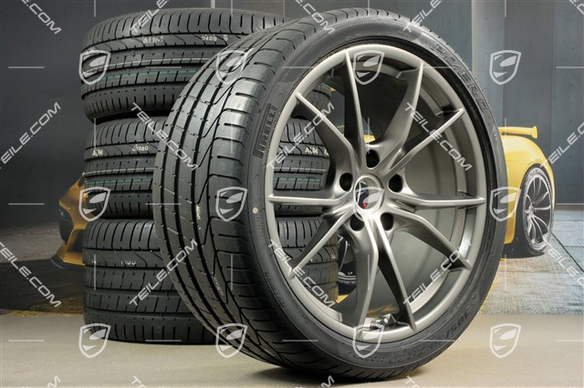 20-inch Carrera S (IV) summer wheels set, rims 8,5 J x 20 ET49 + 11,5 J x 20 ET76 + Pirelli summer tires 245/35 R20 + 305/30 R20, in Platinum, with TPM