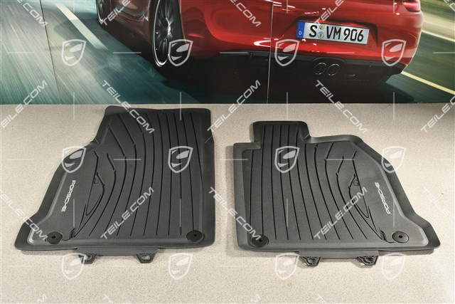 Gumowe dywaniki, komplet 2-częściowy, z sylwetką Porsche i napisem "Porsche", czarny RHD