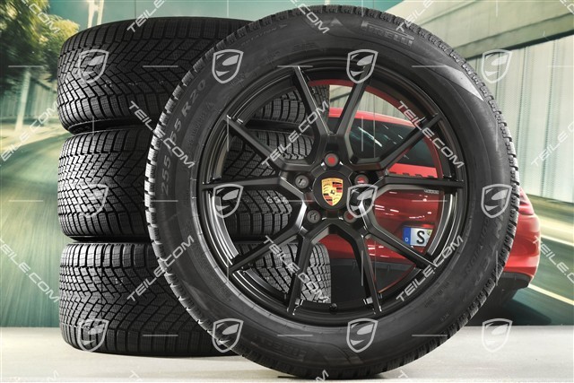 20" koła zimowe Cayenne S, komplet, felgi 9J x 20 ET50 + 10,5J x 20 ET55 + NOWE opony zimowe Pirelli 255/55 R20 + 295/45 R20, z czujnikami ciśnienia, czarny satynowy półmat