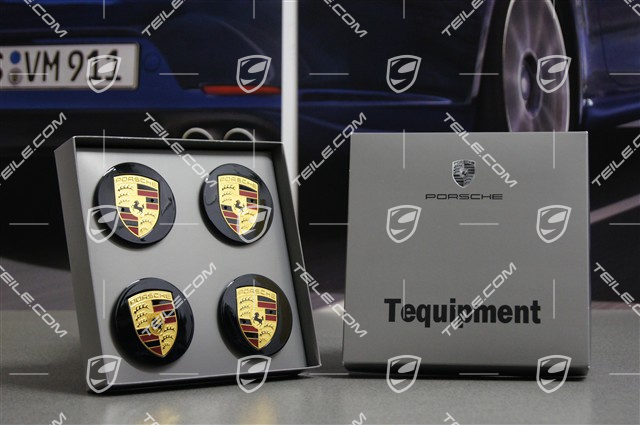 Radzierdeckel Satz (4 Stück), schwarz, Hochglanz, mit farbigem Porschewappen