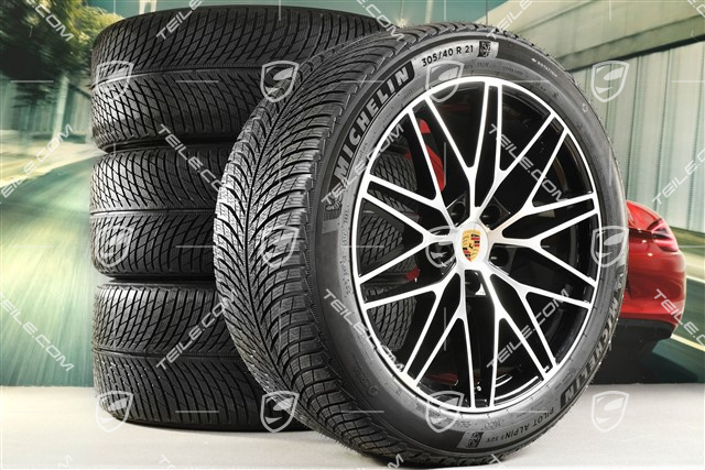 21" Cayenne COUPE "RS Spyder Design" Winterräder Satz, Felgen 9,5J x 21 ET46 + 11,0J x 21 ET49 + NEUE Michelin Pilot Alpin 5 SUV Winterreifen 285/45 R21 + 305/40 R21, mit RDK-Sensoren, schwarz hochglanz