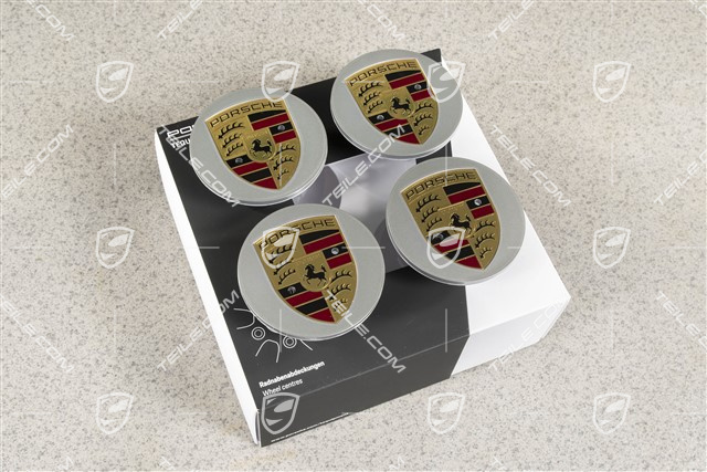 Radzierdeckel Satz (4 Stück), in Brillantchrom mit farbigem Porsche Wappen