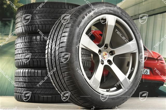 20-inch "Macan Sport" summer wheels set, rims 9J x 20 ET26 + 10J x 20 ET19, Michelin summer tyres 265/45 R 20 + 295/40 R 20, platinum satin matt, with TPMS