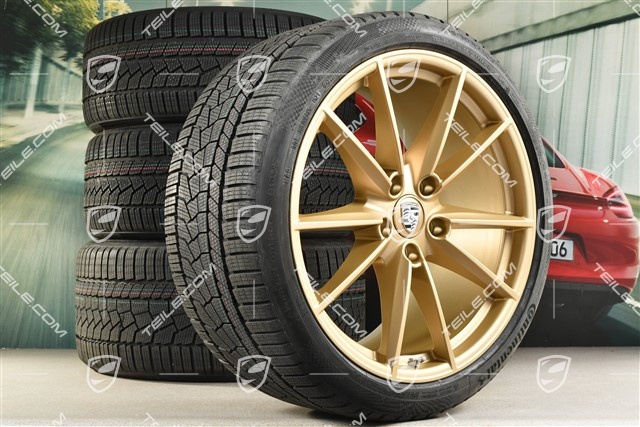 20"+21" Carrera S Winterräder Satz, Felgen 8,5J x 20 ET53 + 11J x 21 ET66 + NEUE Continental Winterreifen 245/35 R20 + 295/30 R21, in Aurum Gold Seidenmatt