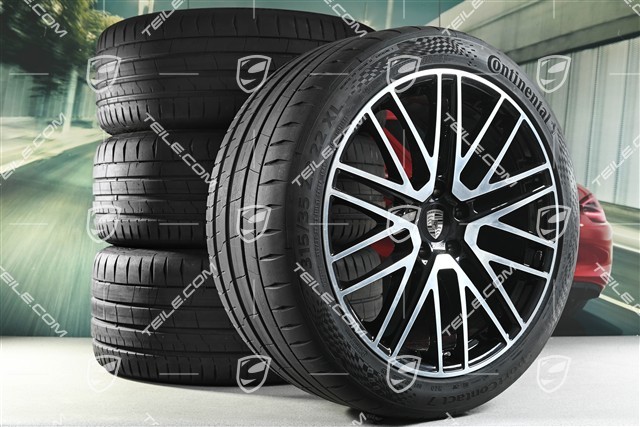 22-inch summer wheel set 911 Turbo Design, wheel rims 10J x 22 ET48 +11,5J x 22 ET61 + Continental summer tyres 285/40 R22 + 315/35 R22, black high gloss, about 30km, DOT/prod.year 2025
