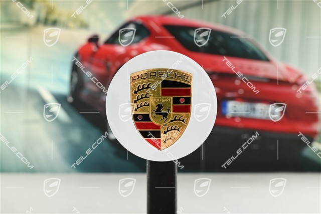 Radkappe, rund, gewölbt, mit farbigem Porsche-Wappen, Weiß-Metallic