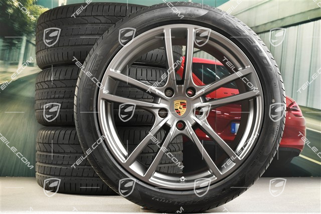 21-inch Cayenne Turbo summer wheel set, rims 9,5J x 21 ET46 + 11,0J x 21 ET49 + Pirelli P Zero summer tyres 285/40 R21 + 315/35 R21, Platinum satin matt