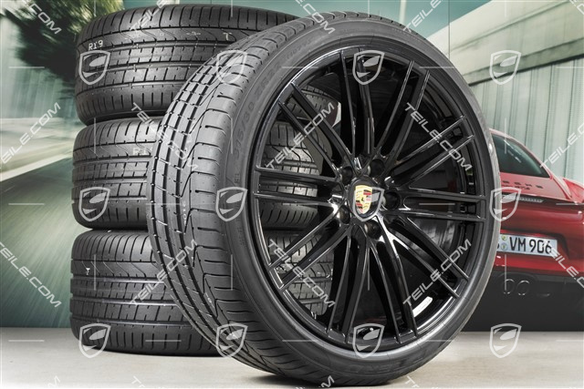 22" Koła letnie 911 Turbo IV Design, komplet, felgi 10J x 22 ET48 + 11,5J x 22 ET61 + NOWE opony letnie Pirelli 285/35 ZR22 + 315/30 ZR22, czarny wysoki połysk z czujnikami ciśnienia