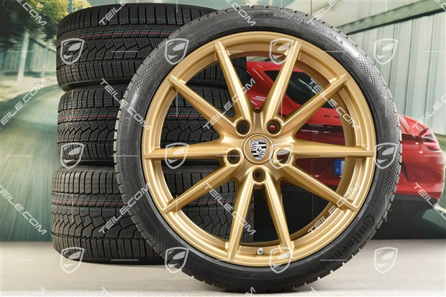 20"+21" Carrera S Winterräder Satz, Felgen 8,5J x 20 ET53 + 11J x 21 ET66 + Continental Winterreifen 245/35 R20 + 295/30 R21, in Aurum Gold Seidenmatt