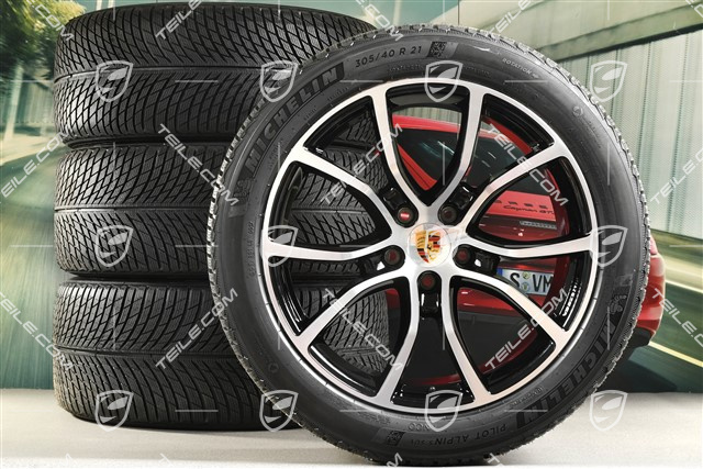 21-inch Cayenne COUPE Exclusive Design winter wheel set, rims 9,5J x 21 ET46 + 11,0J x 21 ET49 + NEW Michelin Pilot Alpin 5 SUV winter tyres 285/45 R21 + 305/40 R21, with TPMS, Jet Black Metallic