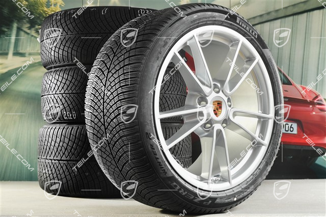 19"+20" Carrera winter wheel set, wheel rims 8,5J x 19 ET52 + 11J x 20 ET80 + NEW Pirelli winter tyres 235/40 R19 + 295/35 R20, with TPMS, Brilliant Silver