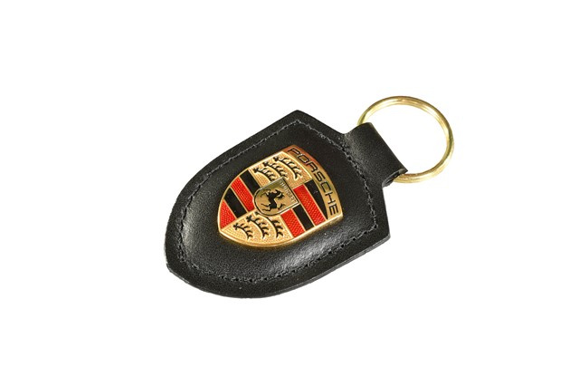 Brelok na klucze z herbem Porsche, skórzany,  czarny
