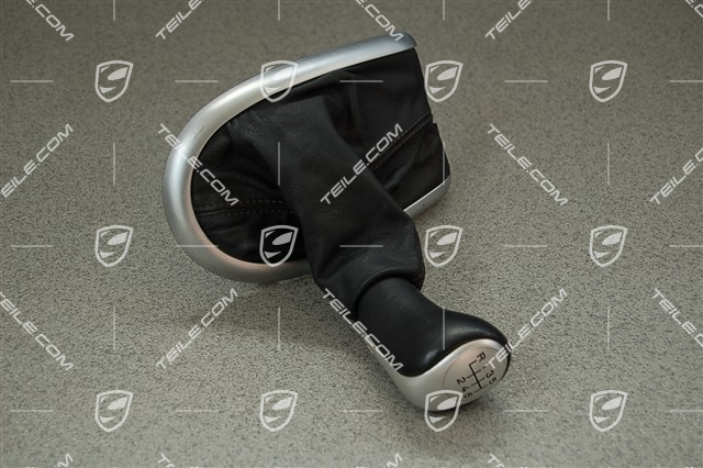 Schalthebelknopf, 6-Gang, Alu-Look, schwarzes Leder Schalthebelknopf, 6-Gang, Alu-Look, schwarzes Leder