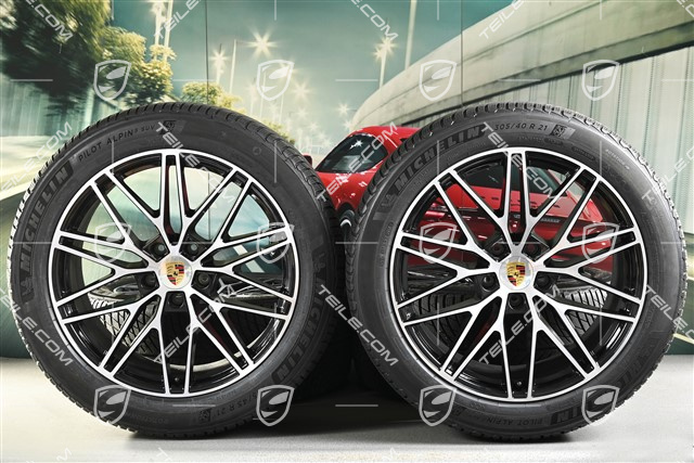 21" Cayenne COUPE "RS Spyder Design" Winterräder Satz, Felgen 9,5J x 21 ET46 + 11,0J x 21 ET49 + Michelin Pilot Alpin 5 SUV Winterreifen 285/45 R21 + 305/40 R21, mit RDK-Sensoren, schwarz hochglanz