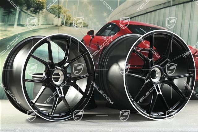 20+21 -inch GT3 wheel rim set, 9,5J x 20 ET46 + 12J x 21 ET45, black satin mat + white rim border