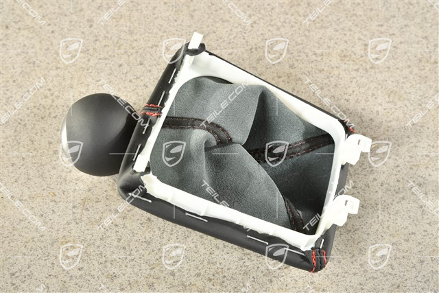 GT4, Schaltknauf /Schalthebelknopf mit Schaltmanschette Leder Schwarz mit Indischrot Nähte, 6-Gang Schaltgetriebe