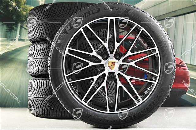 21" Cayenne COUPE "RS Spyder Design" Winterräder Satz, Felgen 9,5J x 21 ET46 + 11,0J x 21 ET49 + Michelin Pilot Alpin 5 SUV Winterreifen 285/45 R21 + 305/40 R21, mit RDK-Sensoren, schwarz hochglanz