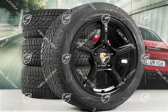 18" Boxster winter wheel set, 8J x 18 ET57 + 9J x 18 ET47 + NEW winter tyres Dunlop 235/45 R18 + 265/45 R18, black high gloss, with TPM