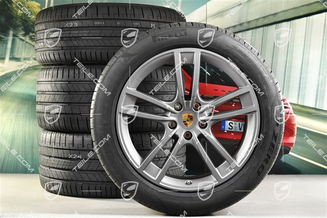 21" Cayenne Turbo Design Sommerräder Satz, Felgen 9,5J x 21 ET46 + 11,0J x 21 ET58 + Pirelli P Zero Sommerreifen 285/45 R21 + 315/40 R21, mit RDK-Sensoren, Vesuvgrau