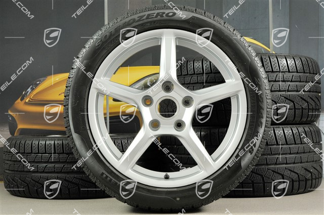 18" Boxster winter wheel set, 8J x 18 ET57 + 9J x 18 ET47 + winter tyres Pirelli Sottozero II 235/45 R18 + 265/45 R18, with TPMS.