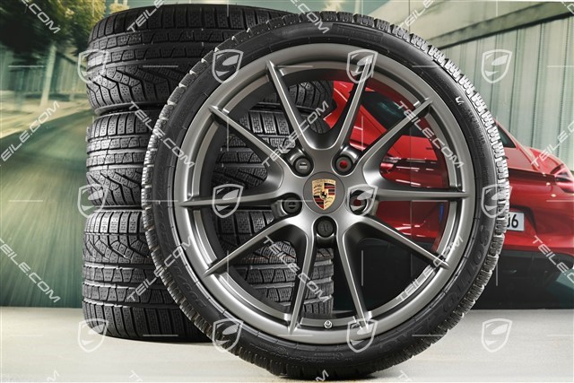20" Carrera S (III) Winterräder Satz, Felgen 8,5J x 20 ET51 + 11J x 20 ET52 + NEUE Pirelli Winterreifen 245/35 ZR20 + 295/30 ZR20, mit RDK-Sensoren, Platinum Satinmatt