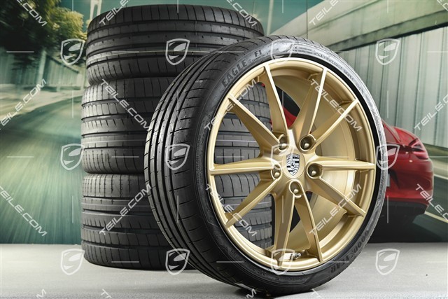 20+21-inch summer wheel set Carrera S, rims 8,5J x 20 ET53 + 11,5J x 21 ET67 + NEW summer tyres 245/35 R20 + 305/30 R21, with TPM, Aurum satin matt