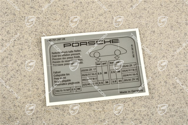 Carrera S, Identification / notice sticker for tire pressure