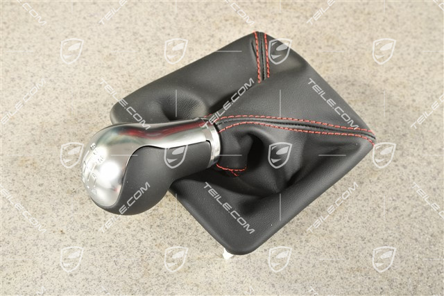 GT4, Schaltknauf /Schalthebelknopf mit Schaltmanschette Leder Schwarz mit Indischrot Nähte, 6-Gang Schaltgetriebe